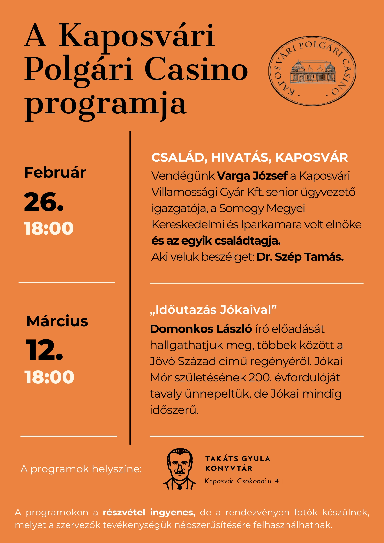 "Időutazás Jókaival" - Kaposvári Polgári Casino programjai esemény poszter